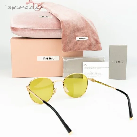 NEW Miu Miu MU55ZS 5AK07O Gold Olive Green Round Unisex Sunglasses